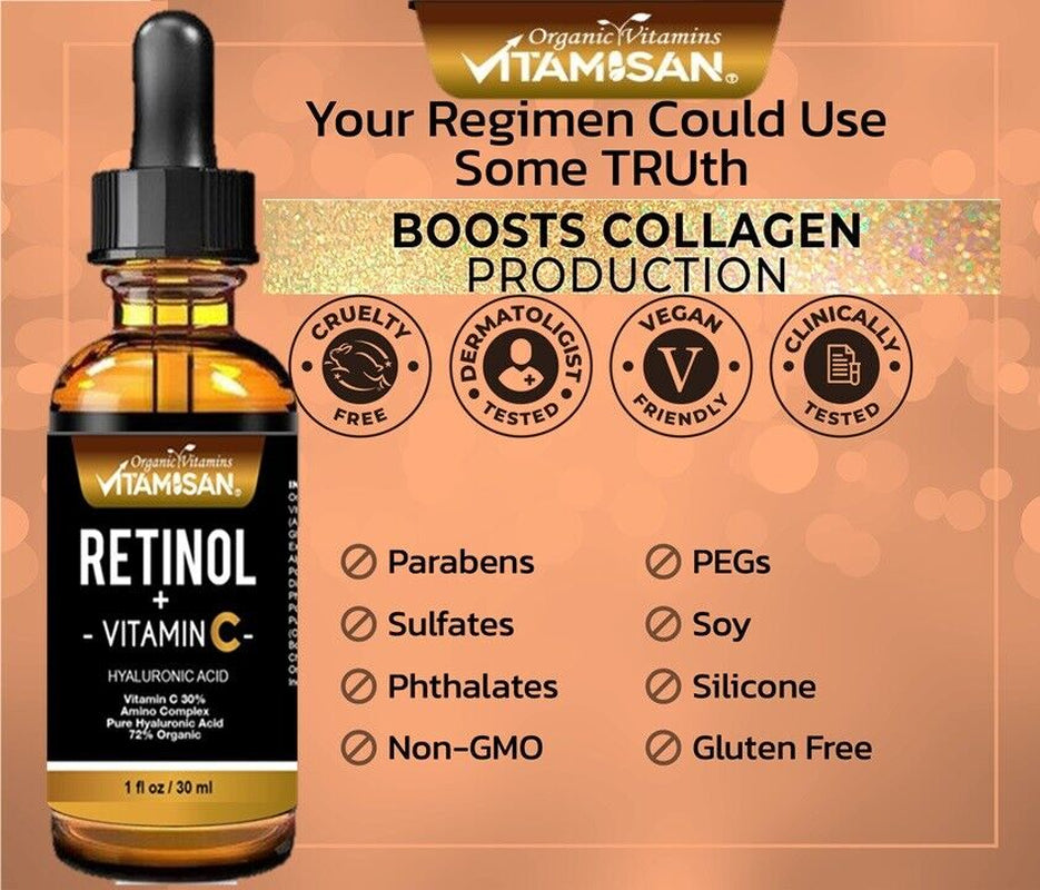 Serum Facial Antiage Vit C 30% + Retinol 5% + Ácido Hialurónico + Vit E – 30 ml | VITAMISAN®