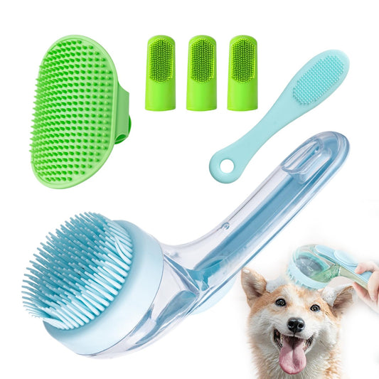 Set de Baño para Mascotas 6 Piezas | Cepillo con Dispensador de Shampoo, Cepillo de Barbilla para Gatos, Cepillo de Dientes y Guante de Masaje Ajustable