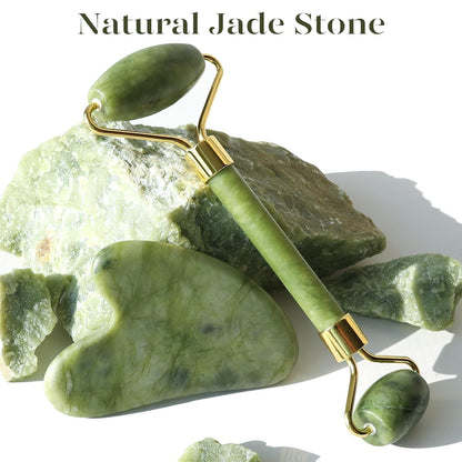 Jade Roller & Gua Sha, Face RolleSet Jade Roller & Gua Sha Facial, Masajeador de Piedra Natural Verde, Herramientas de Skincare para Cara, Cuello y Ojos, Autocuidado Unisexr, Facial Beauty Roller Skin Care Tools, Self Care Gift for Men Women, Massager for Face, Eyes, Neck, Relieve Fine Lines and Wrinkles - Green
