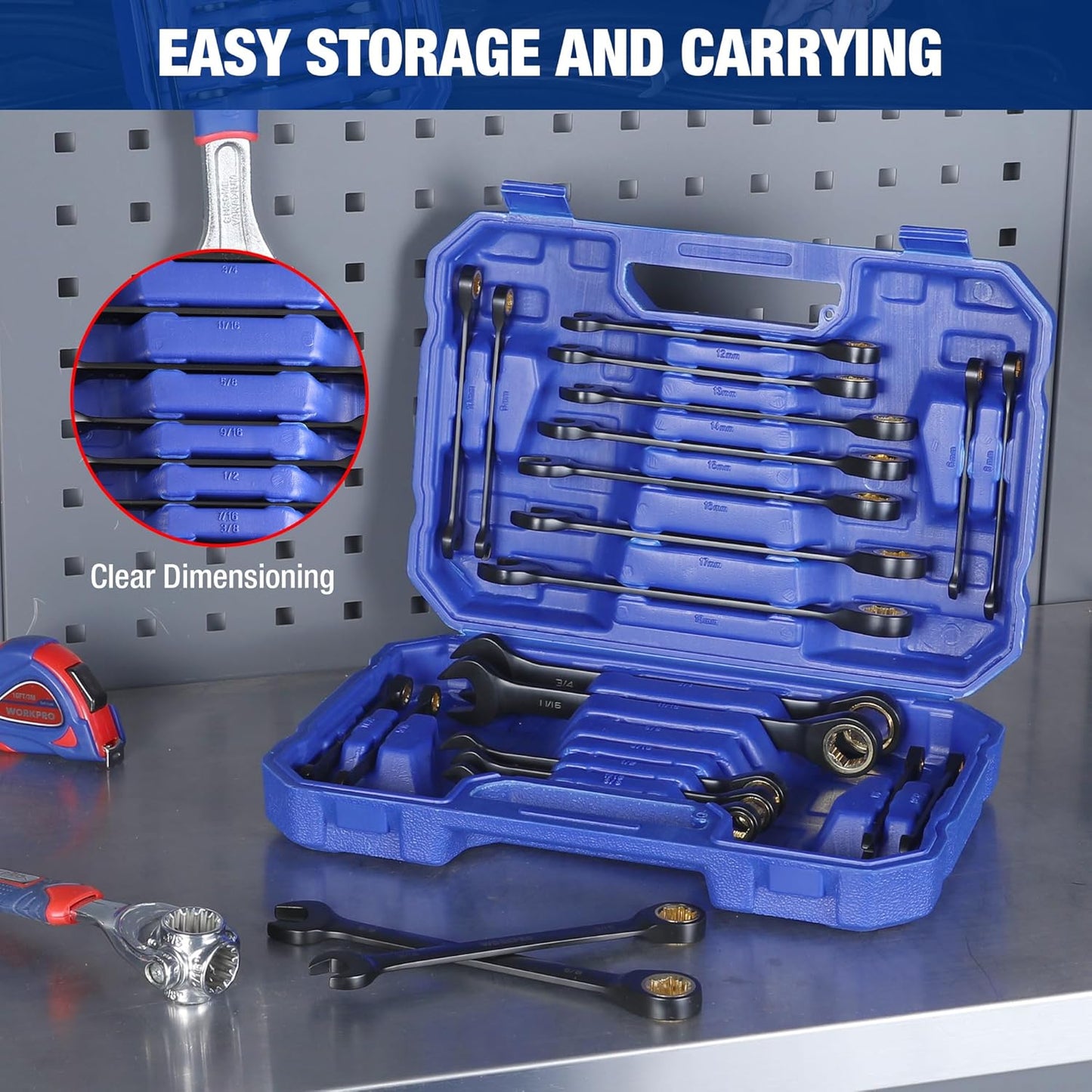 Set de Llaves Combinadas con Carraca WORKPRO 22 Piezas, Métricas (6-18mm) y SAE (1/4"-3/4"), Acero Cromo Vanadio, Dientes Antideslizantes, Estuche Organizador