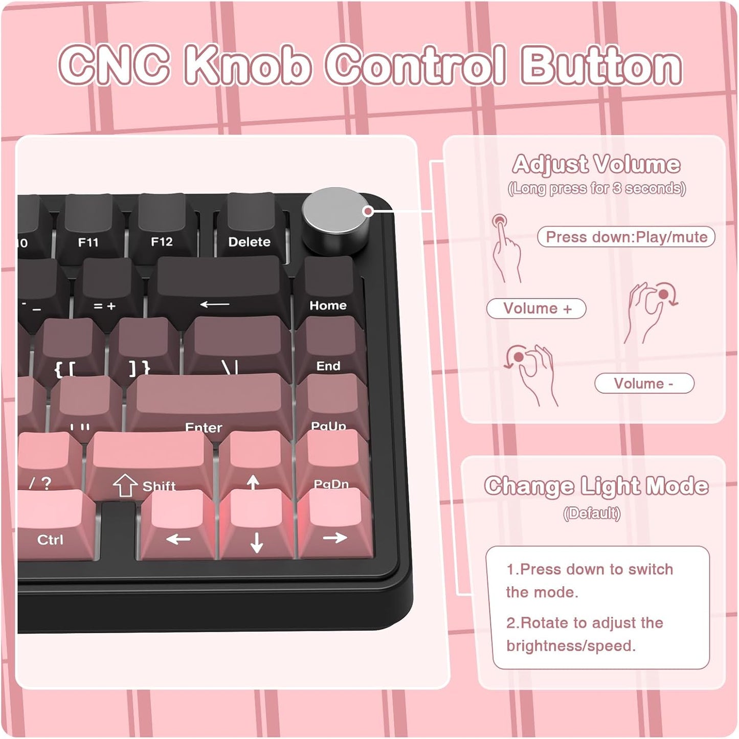 Teclado mecánico inalámbrico para juegos con perilla intercambiable | Color: Rosa