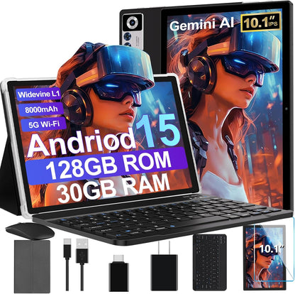 2025 Android 15 Tablet with Keyboard | Gemini AI, 30GB+128GB Octa-Core Electronics Tablets W/ 10 Inch IPS HD Display, 8000Mah, 5G Wifi, 1TB Expand, Mouse+Case, BT 5.0, Widevine L1, Metal Body -Black