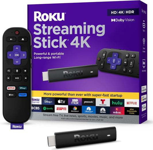 Roku Streaming Stick 4K | Resolución 4K, HDR10+ y Dolby Vision | Wi-Fi de Largo Alcance + Control por Voz | +500 Canales Gratis y Apps como Netflix, Disney+ y más