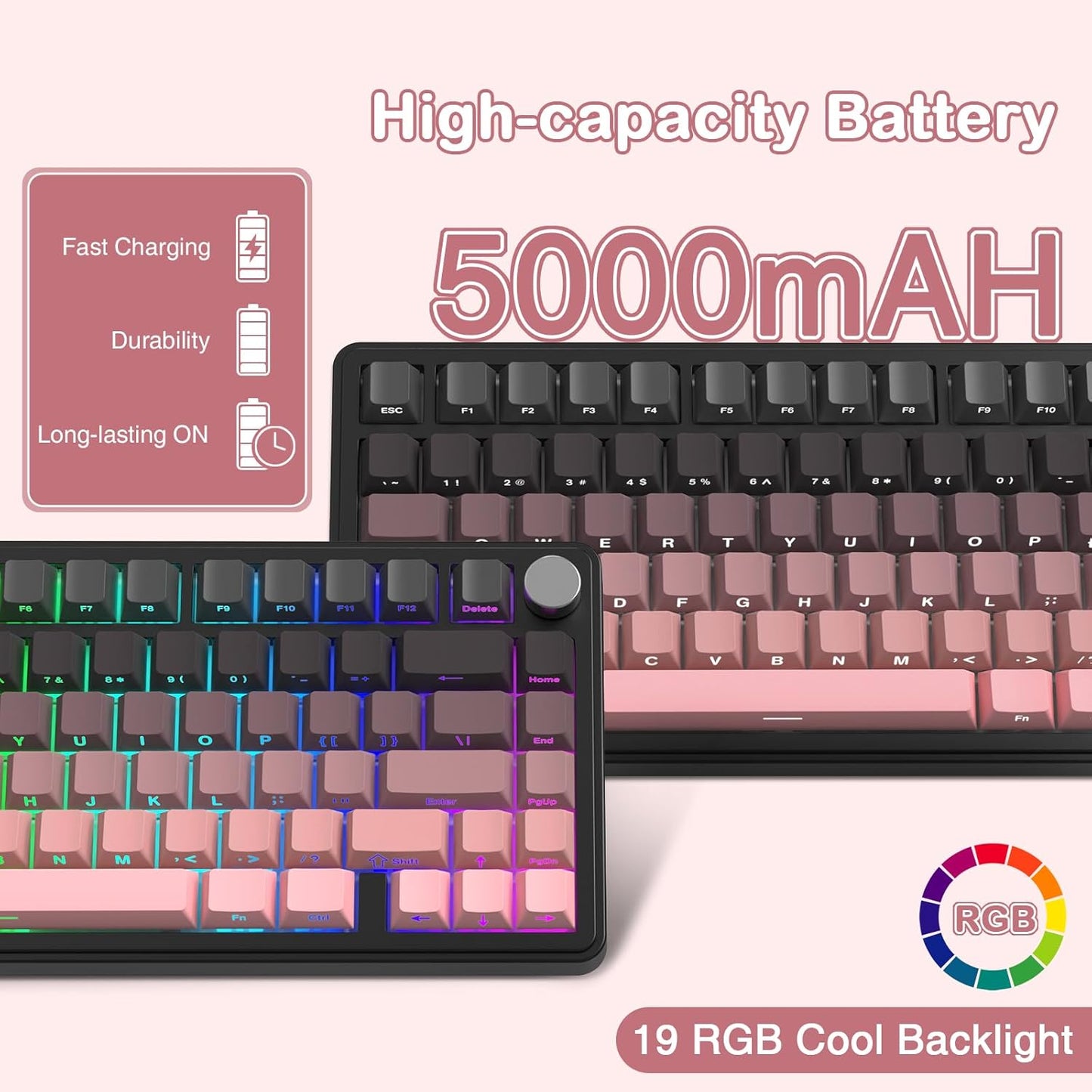 Teclado mecánico inalámbrico para juegos con perilla intercambiable | Color: Rosa