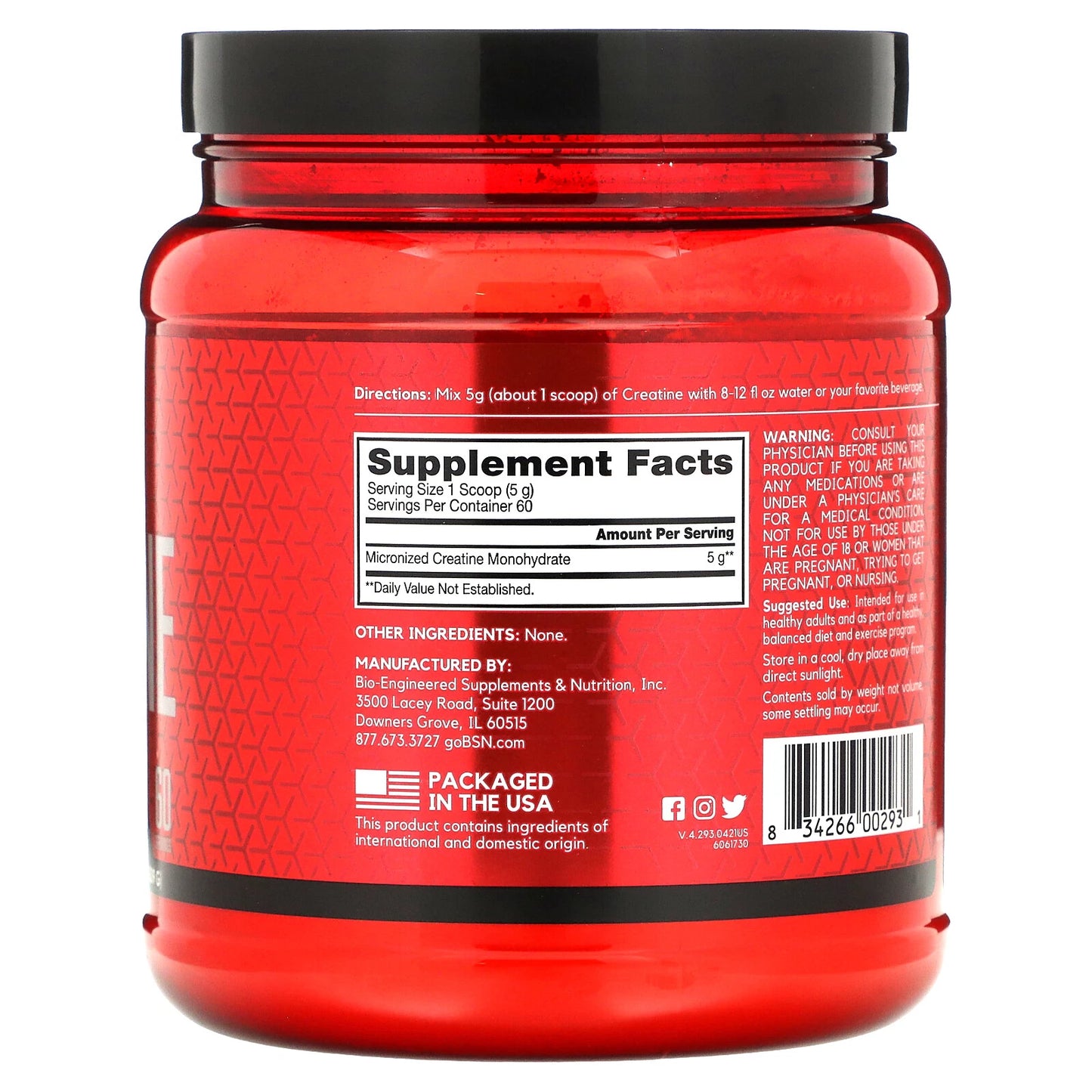 BSN® Creatine DNA – Creatina Monohidrato Pura – Sin Sabor, 309 g (60 porciones)