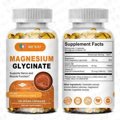 Menxi Magnesio Glicinato 400 mg con Vitaminas B6 y D – 120 Cápsulas