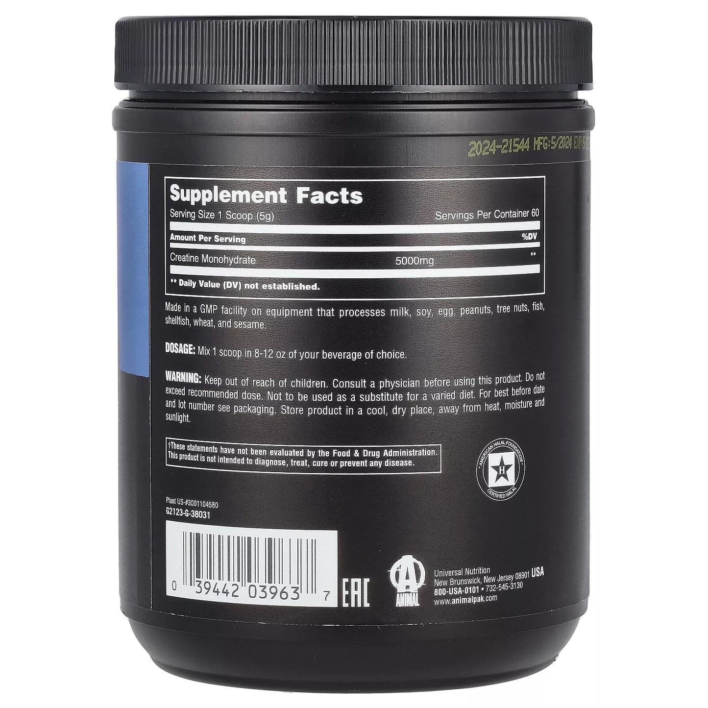 Animal - Creatina Monohidratada 100% – 300 g, Sin Sabor, Micronizada